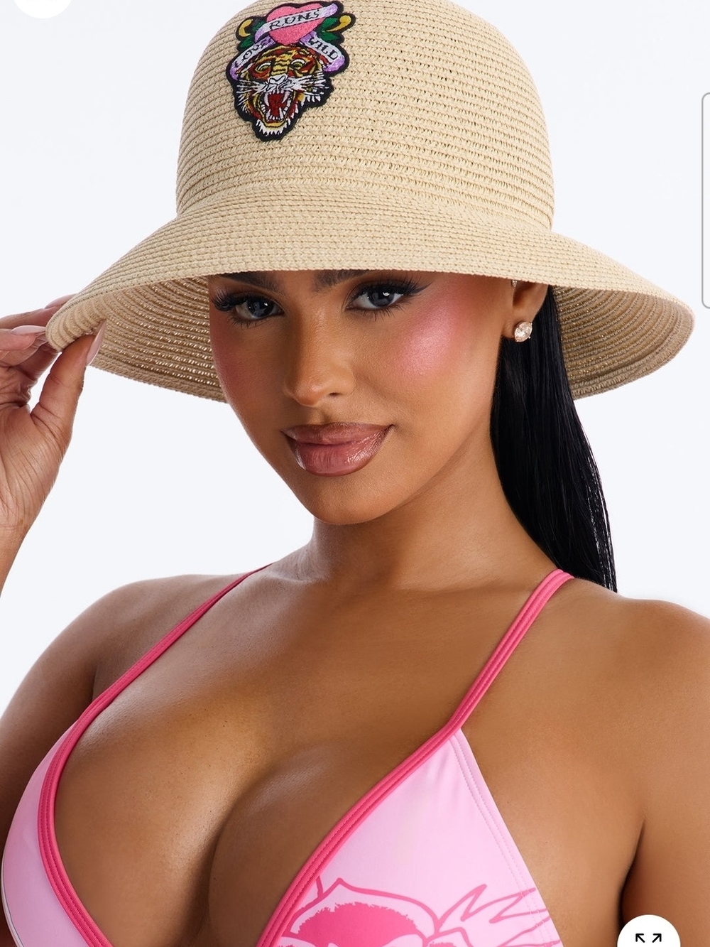 ⭐️ED HARDY Beige Straw Bucket Hat with Embroidered Tiger Patch NEW⭐️